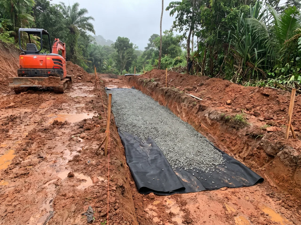 Parit saliran yang digali di tapak, dilapik kain geotekstil dan diisi batu bergred, dengan tali penanda aras di tepi dan jengkaut di belakang.