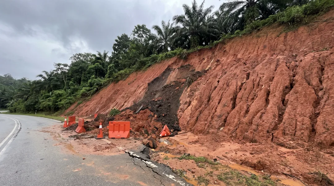 Cerun tepi jalan yang runtuh selepas hujan, tanah merah dan lumpur melimpah ke bahu jalan dengan penghadang keselamatan dipasang.