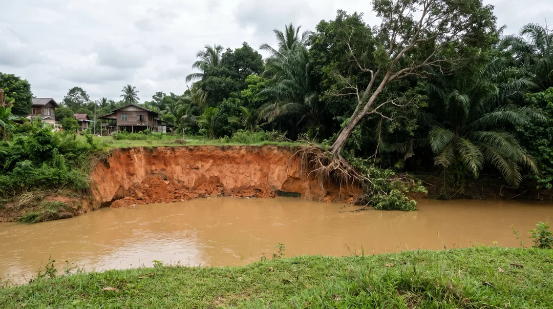 Tebing sungai yang terhakis sehingga tanah merah terdedah dan sebatang pokok tumbang ke dalam air, dengan rumah kampung di atas tebing.