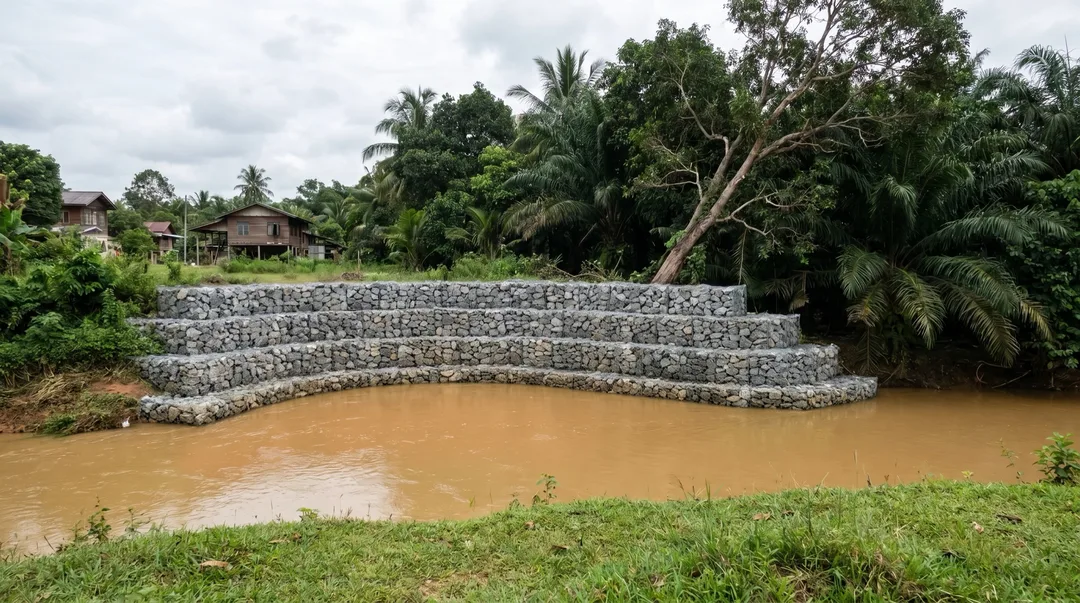 Tebing sungai yang sama selepas dilindungi tembok gabion bertingkat empat, mengikut lengkung tebing dari muka air hingga ke aras tanah.