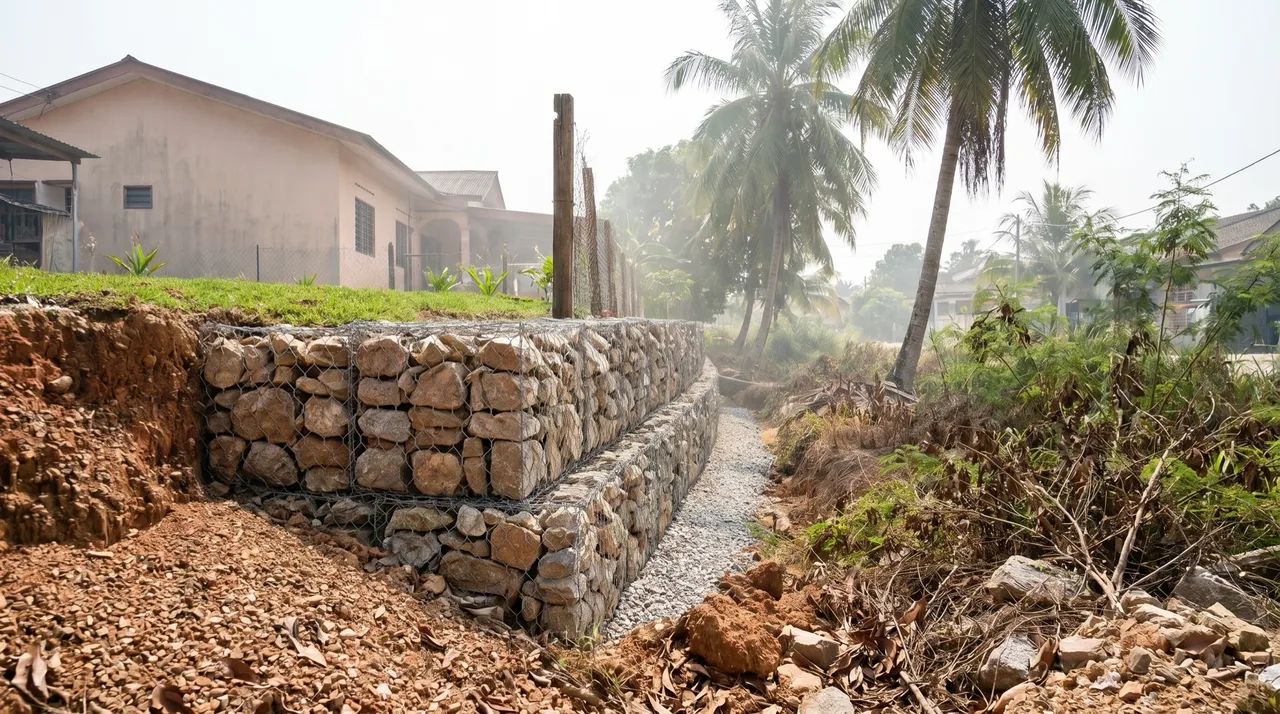Tepi tanah yang sama selepas tembok penahan gabion dua tingkat dibina, dengan laluan batu baru di sepanjang kakinya.