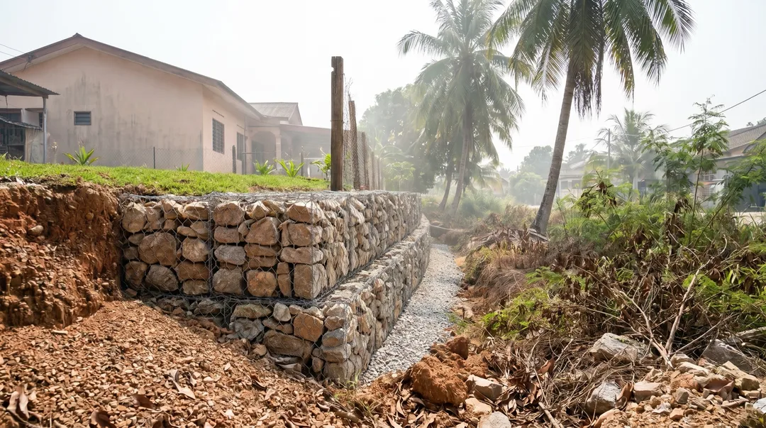 Tepi tanah yang sama selepas tembok penahan gabion dua tingkat dibina, dengan laluan batu baru di sepanjang kakinya.